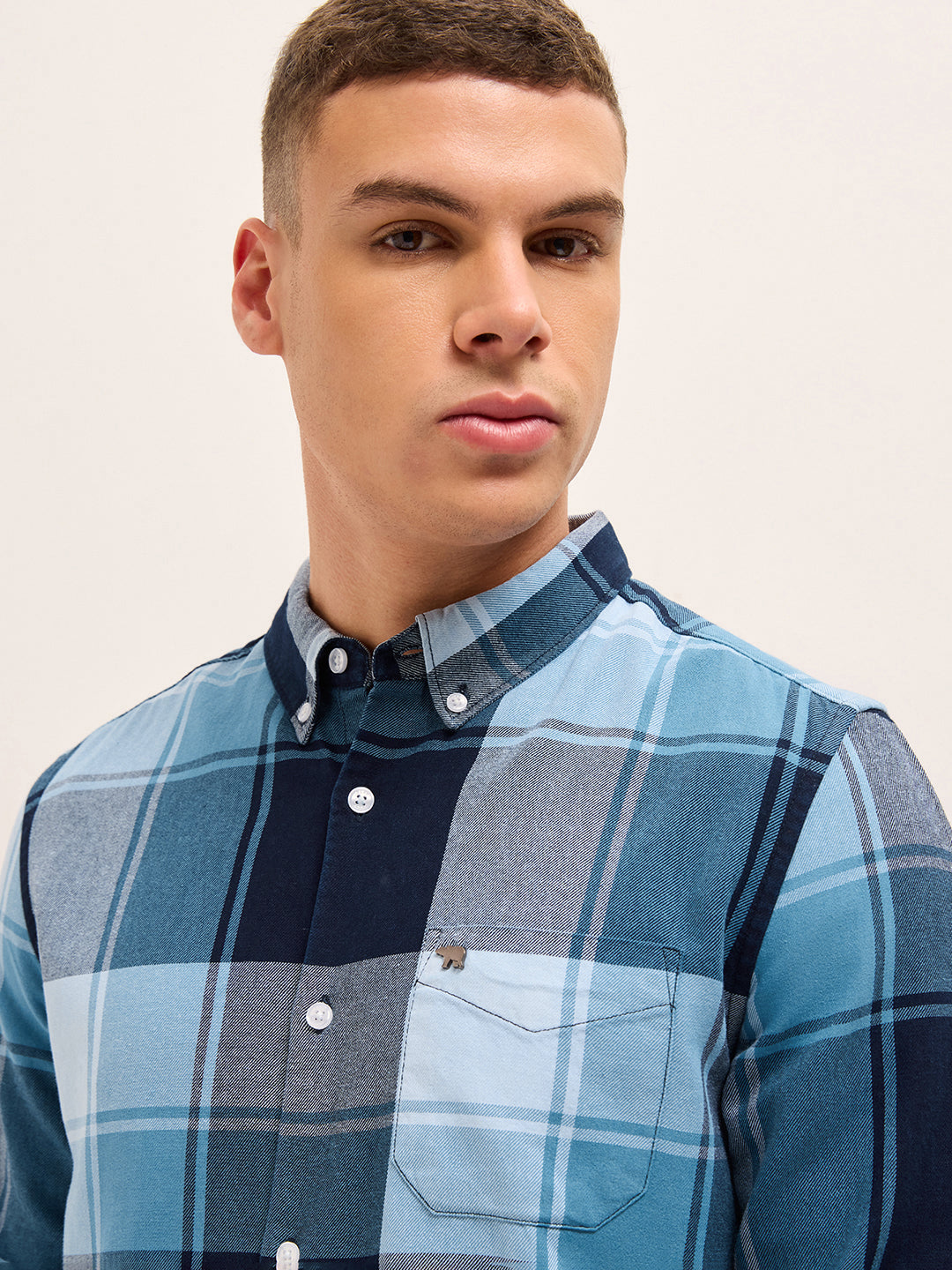 Blue Woven Checked Slim Fit Casual Shirt