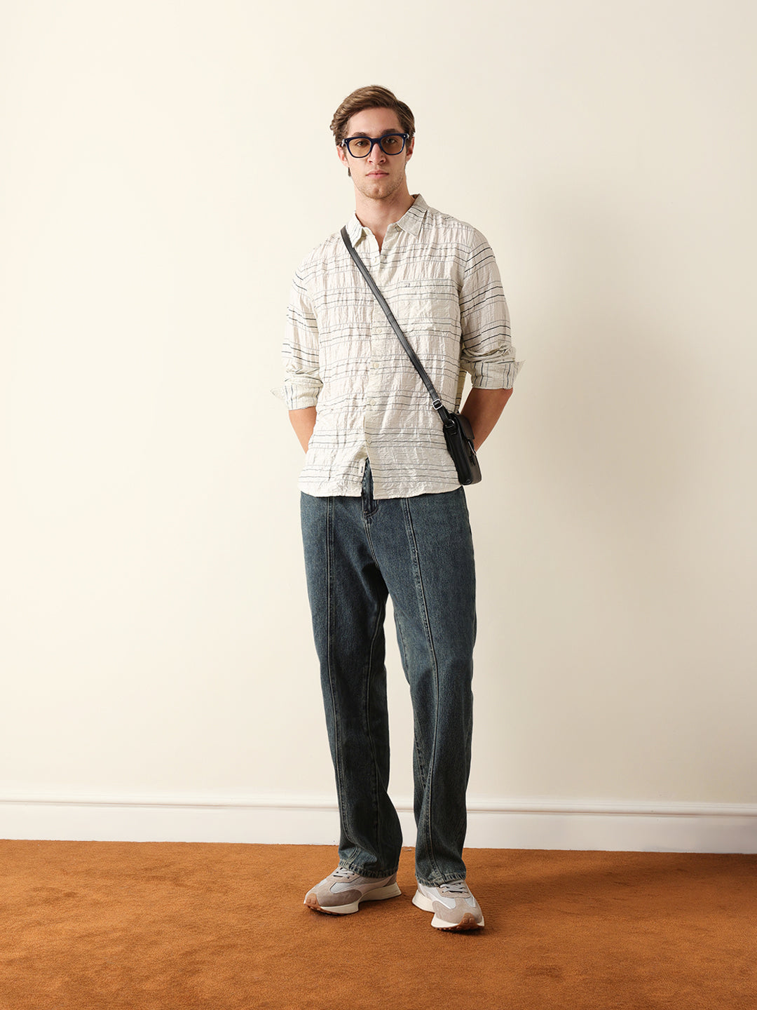 Cream Horizontal Crinkle Stripe Regular Fit Casual Shirt