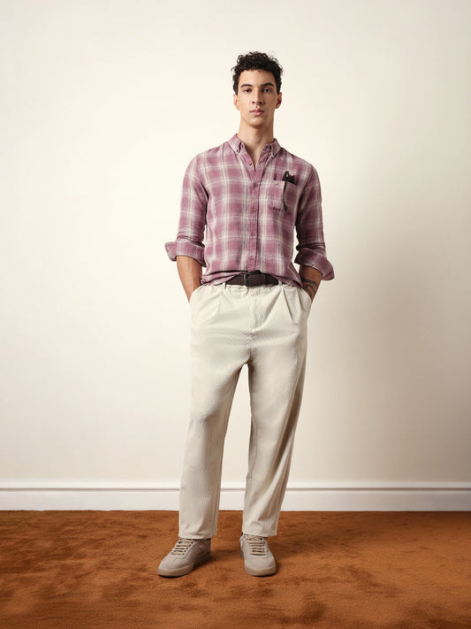 Pink Woven Checkered Slim Fit Casual Shirt