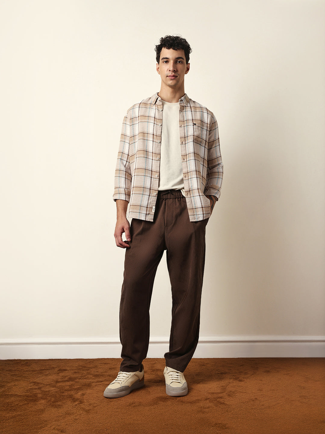Beige Textured Woven Check Slim Fit Casual Shirt