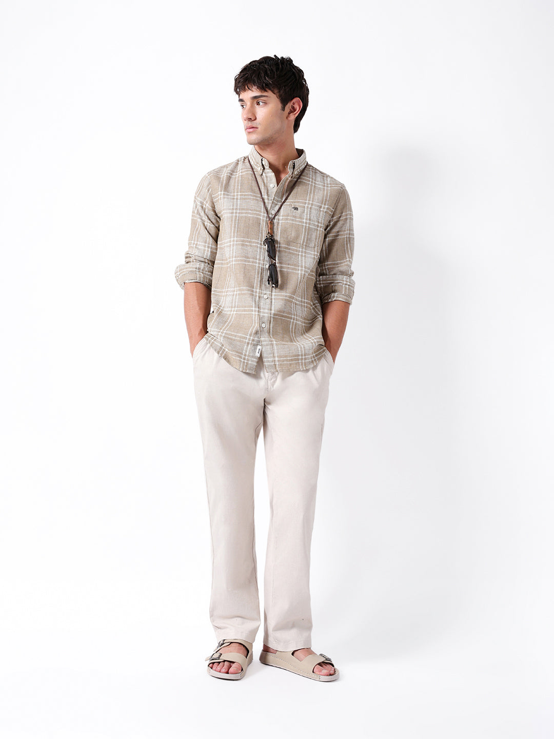 Light Brown Slim Fit Plaid Check Woven Casual Shirt