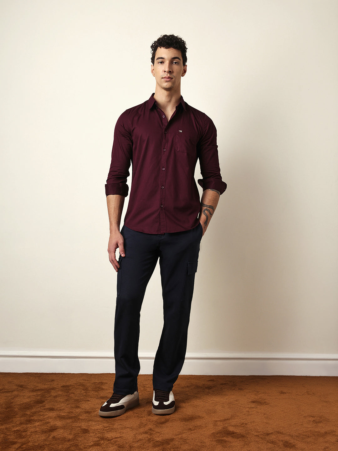 Maroon Solid Slim-Fit Casual Shirt with Button-Down Collar