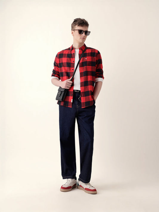 Red & Black Block Checked Slim Fit Casual Shirt