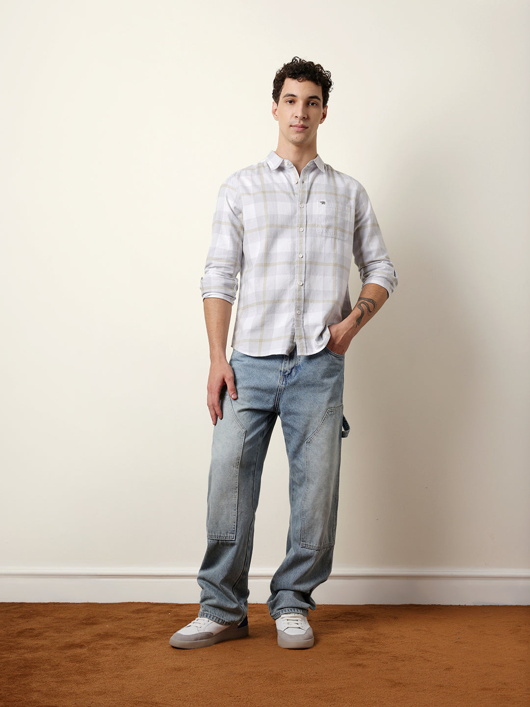 Grey & White Checked Flannel Regular Fit Casual Shirt