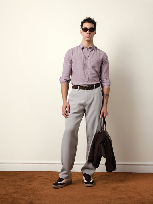 Purple Slub-Textured Woven Slim Fit Casual Shirt