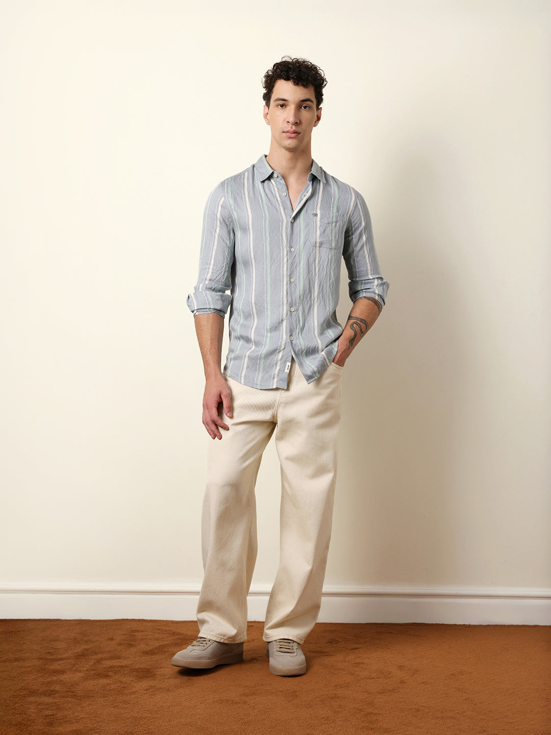 Grey Vertical Woven Stripe Slim Fit Casual Shirt
