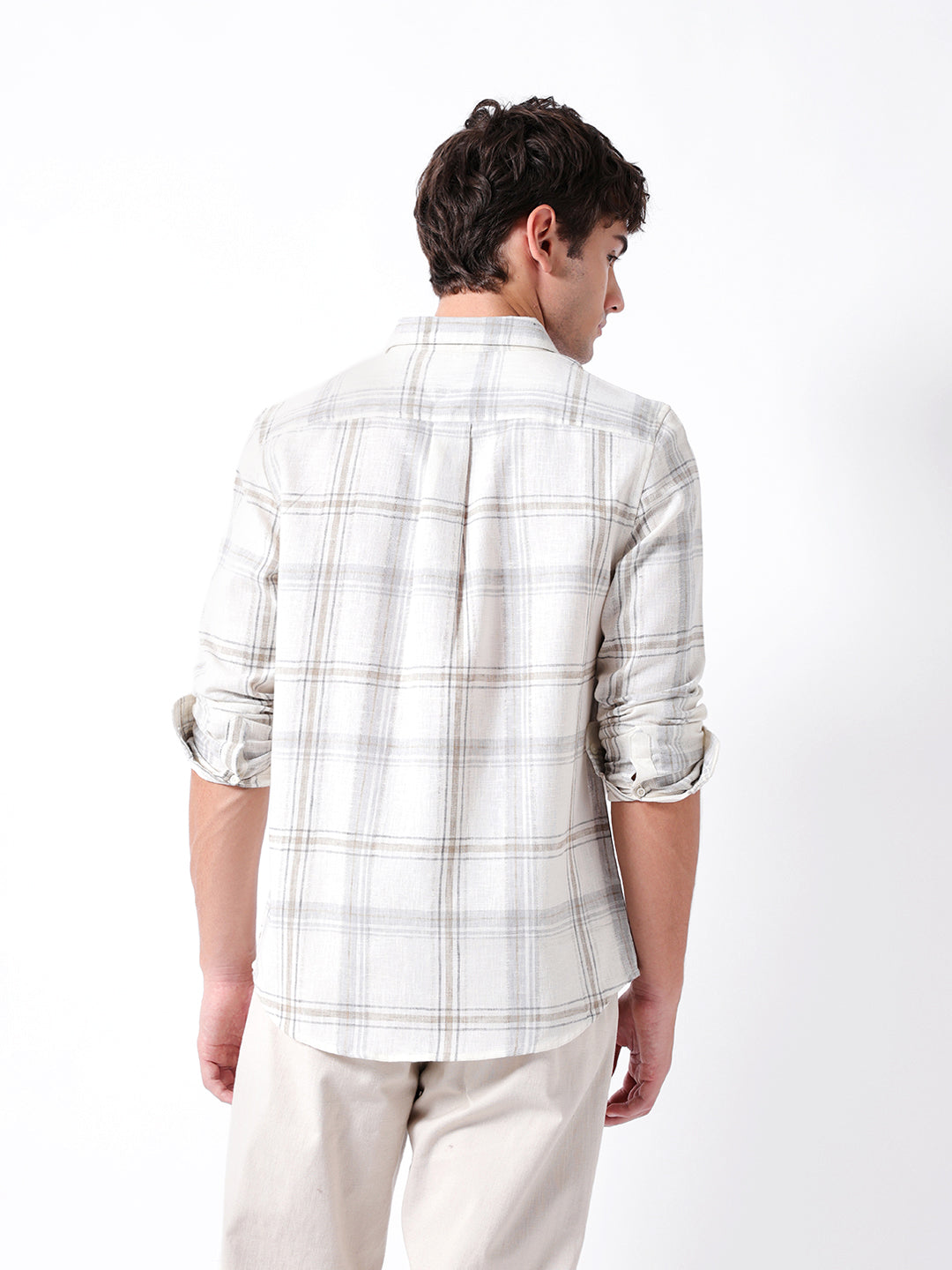 Cream Checked Woven Slim Fit Casual Shirt