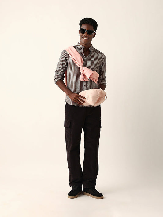 Brown & White Vertical Woven Striped Slim Fit Casual Shirt