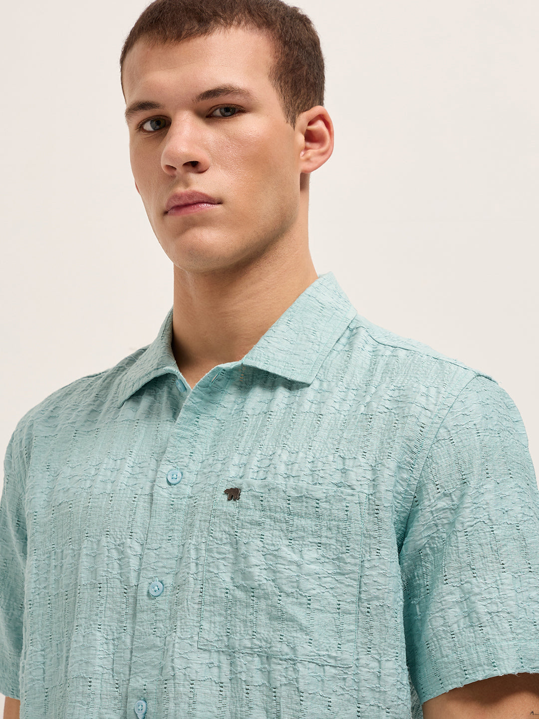 Blue Crinkle Textured Regular Fit Half-Sleeve Casual Shirt