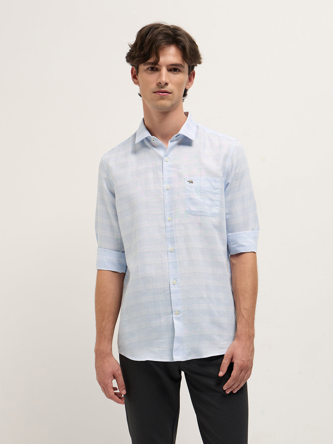 Light Blue Woven Checked Design Tailored Fit Formal Shirt