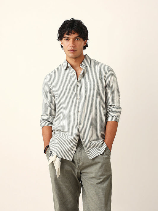Green & White Vertical Woven Pinstriped Slim Fit Casual Shirt