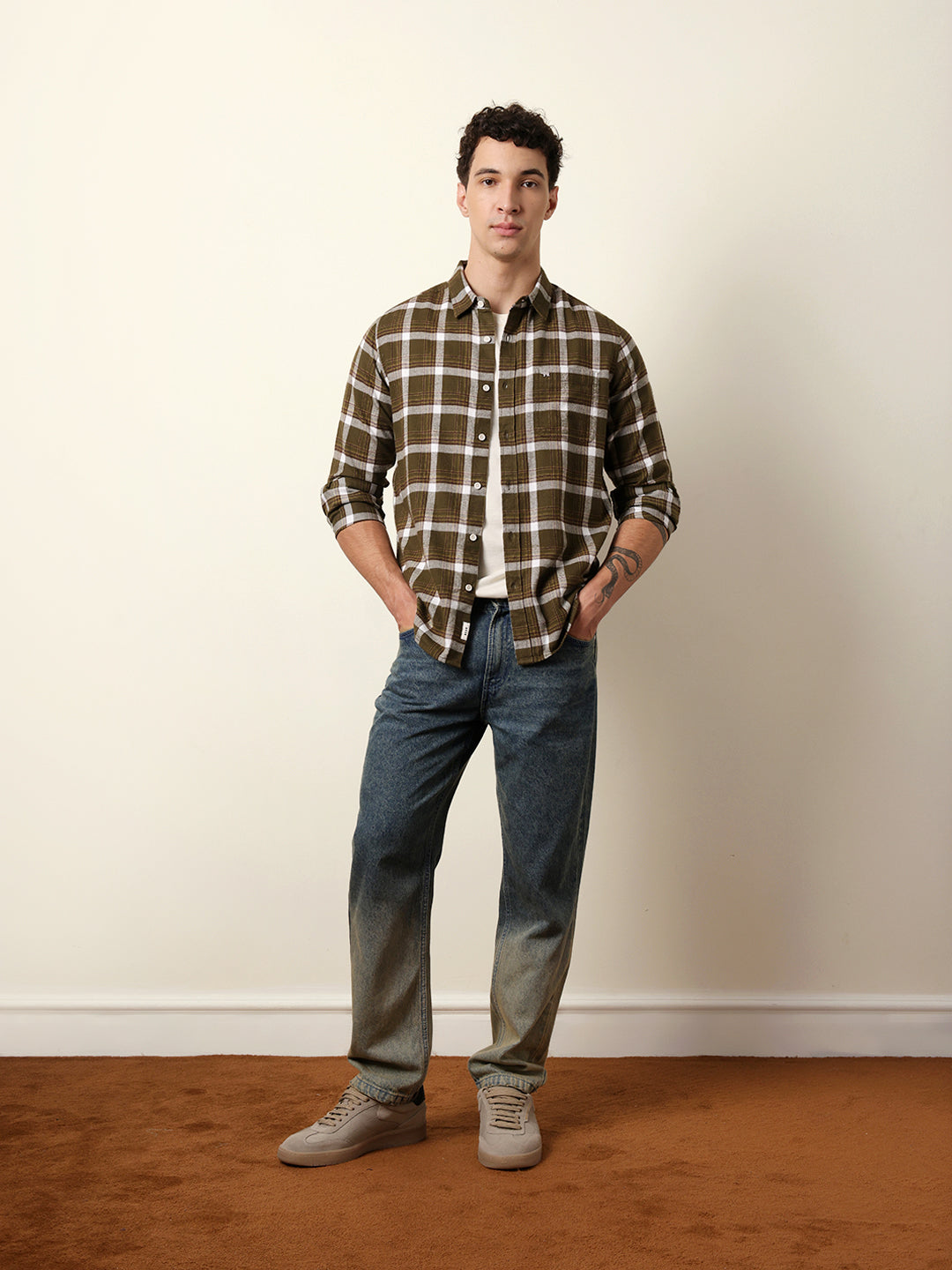 Olive Regular Fit Woven Check Flannel Casual Shirt