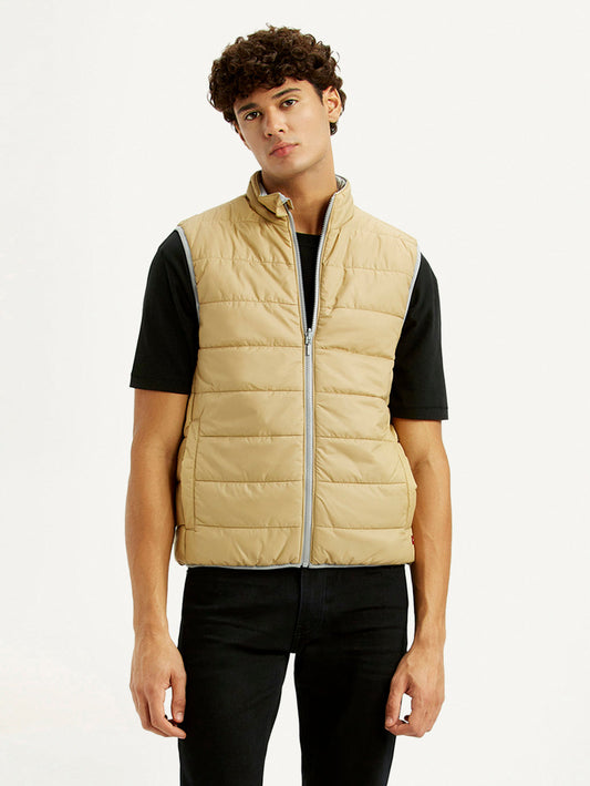 Men's Solid Beige Puffer Jacket