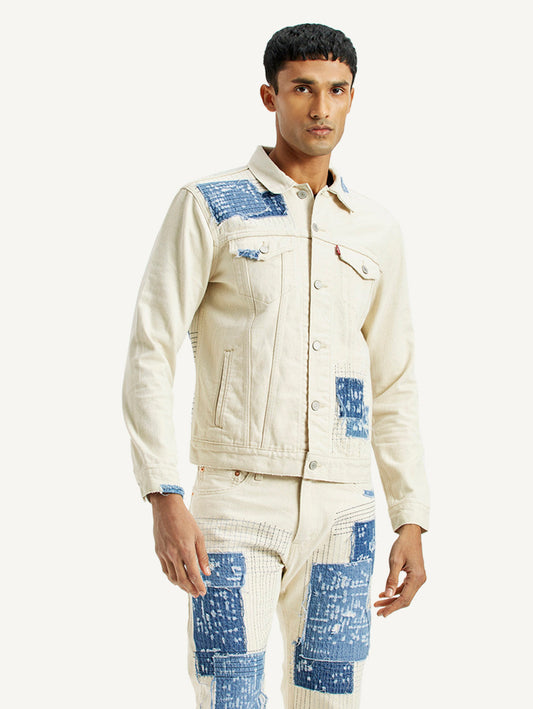 Men's Textured Off White Button Down Collar Jacket