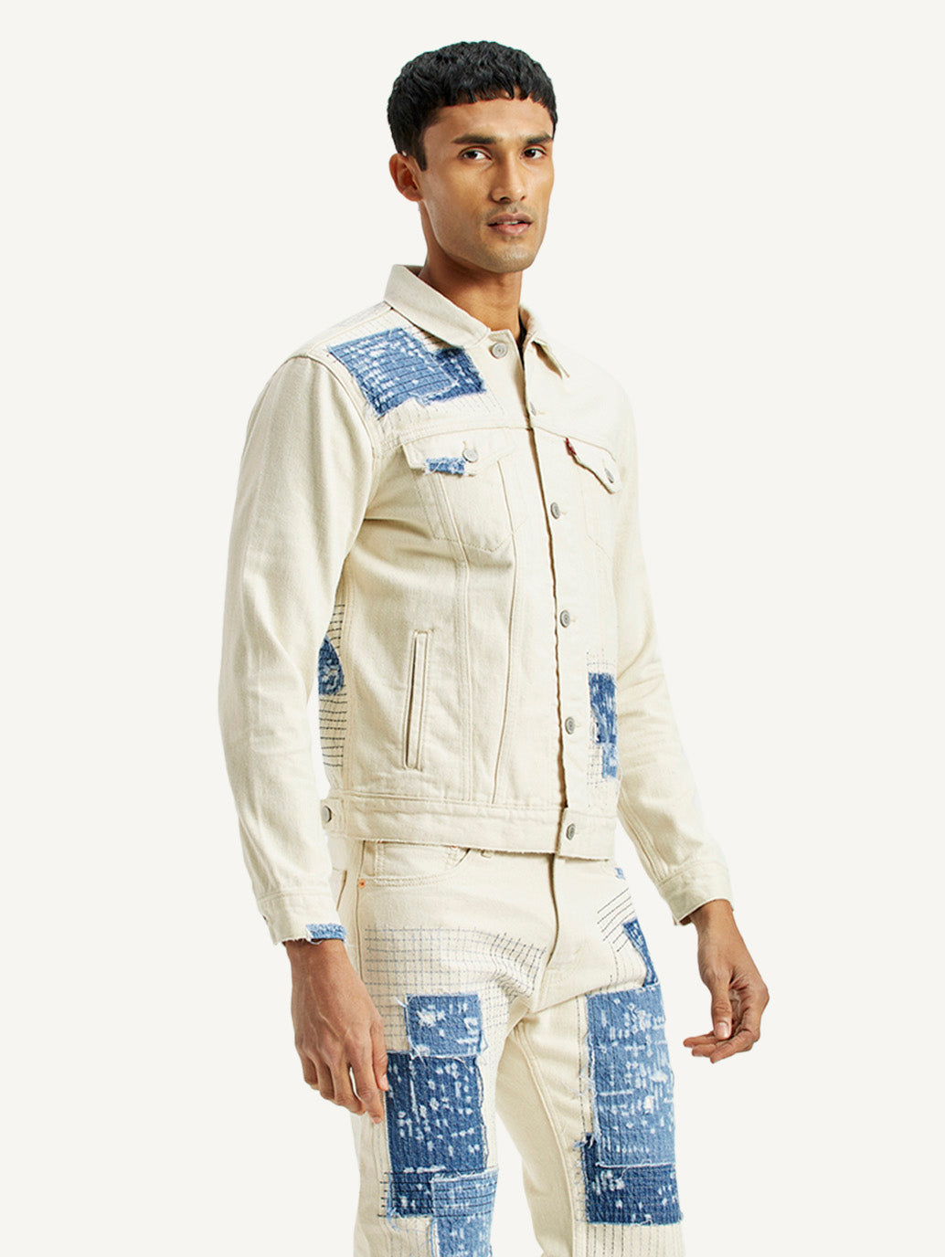 Men's Textured Off White Button Down Collar Jacket