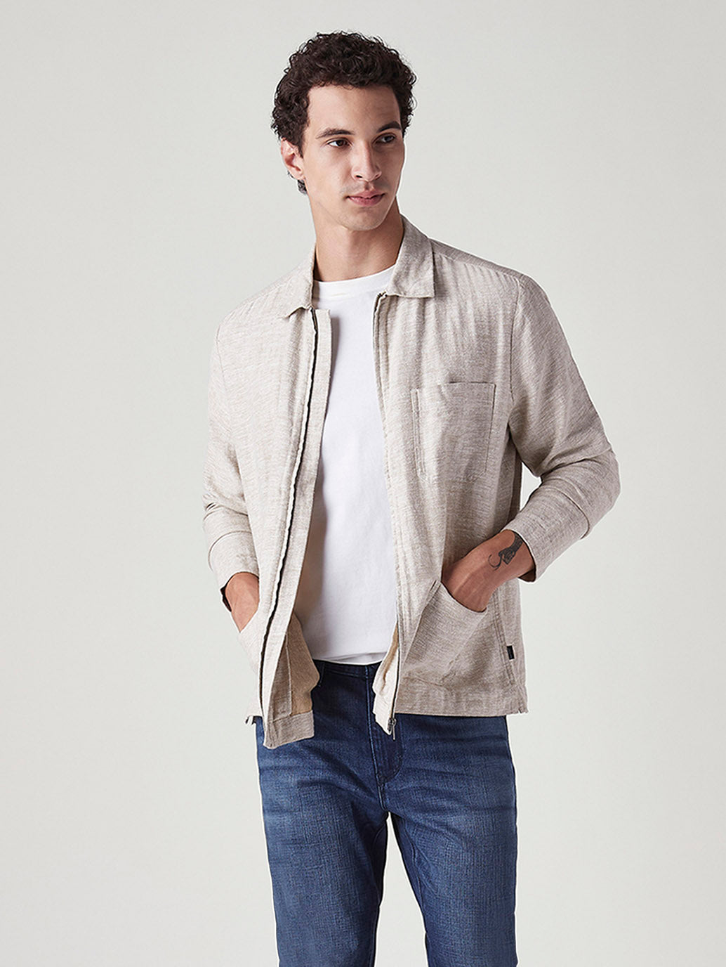 Men's Self Design Beige Linen Jacket