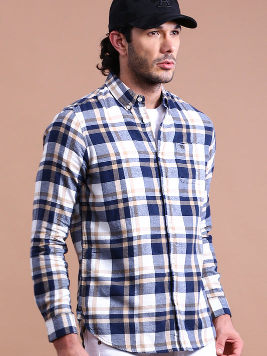 Men Blue & Grey Checks Slim Fit Cotton Casual Shirt