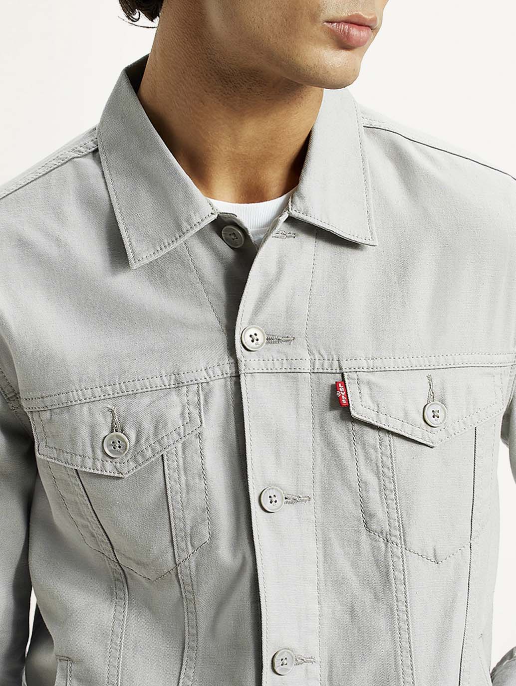 Men's Solid Grey Spread Collar Linen Jacket