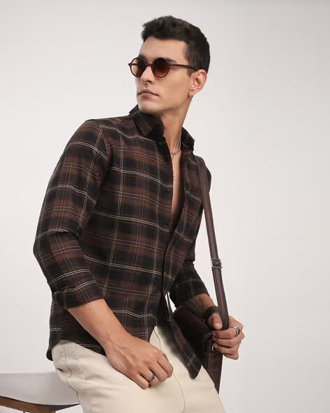 Men's Brown & Black Checked Casual Cotton Shirt
