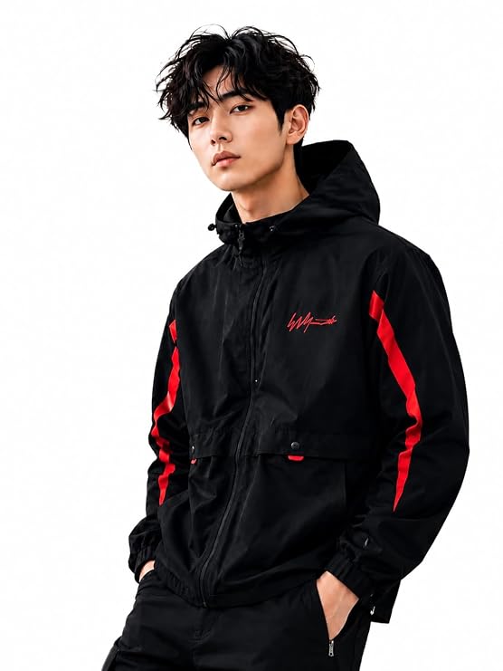Men's Black Side Stripes Hooded Jacket