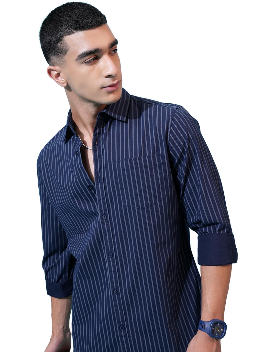 Men's Navy Blue Vertical Striped Casual Shirt | Premium Cotton Blend | Slim Fit | Full Sleeve