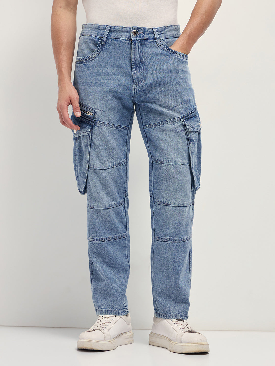 Light Blue Mid-Rise Straight Fit Cargo Jeans with Utility Pockets