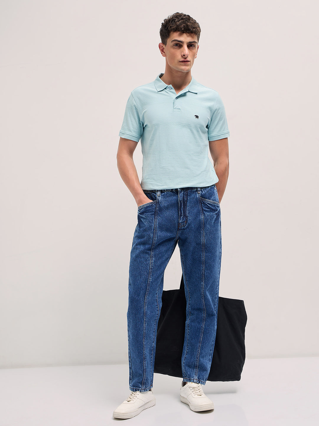 Mid Blue Mid-Rise Elasticated Waist Relaxed Fit Jeans