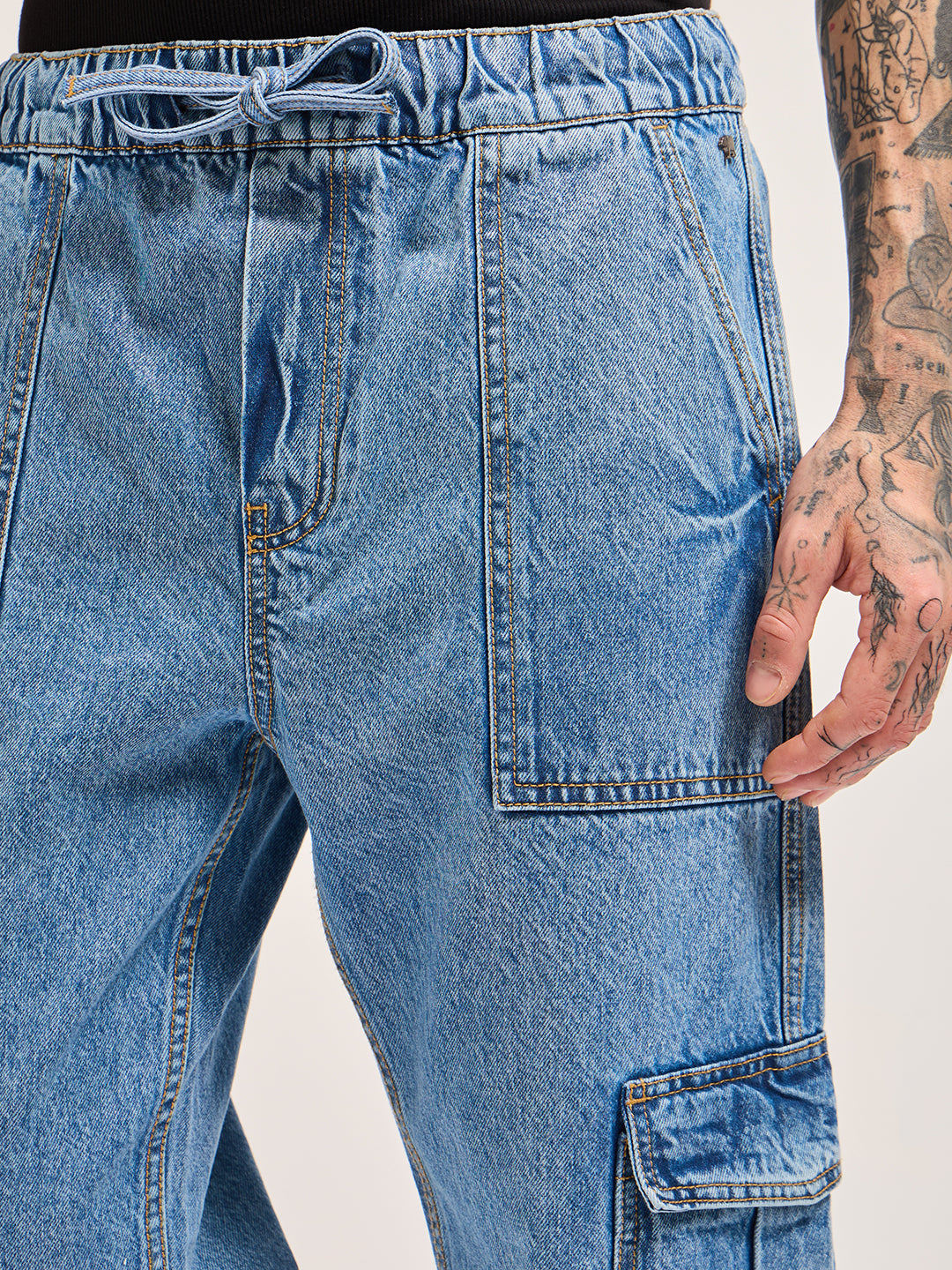 Blue with Mid Fade Mid-Rise Elasticated Waist Baggy Fit Cargo Jeans