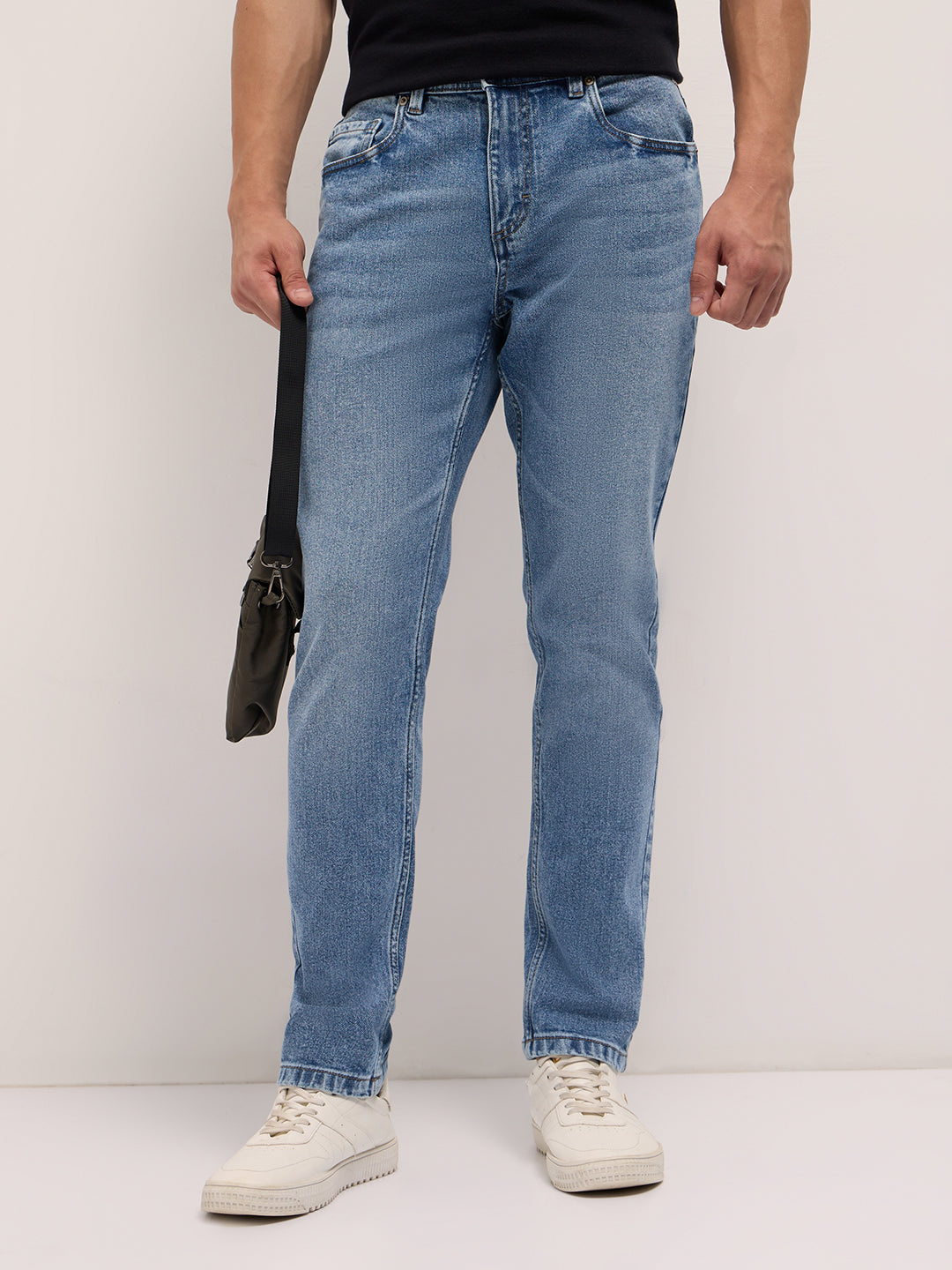 Light Blue Mid-Rise Slim Fit Jeans with Mid Fade