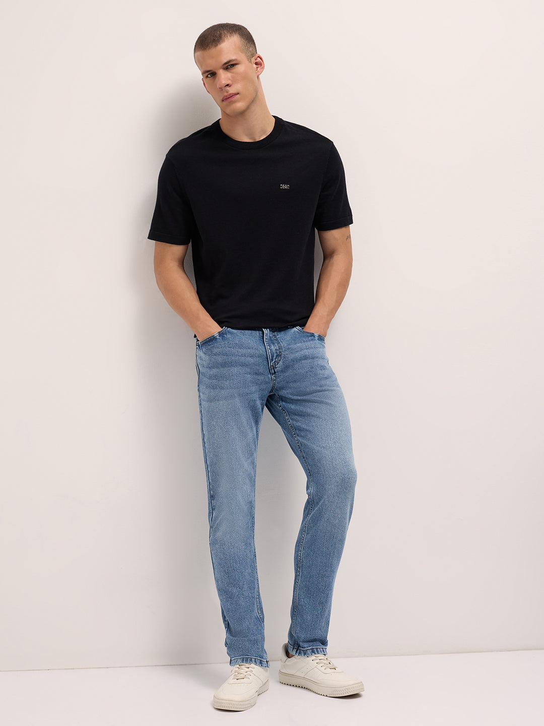 Light Blue Mid-Rise Slim Fit Jeans with Mid Fade