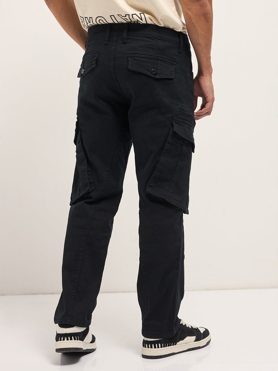 Black Solid Straight Fit Cargo Denim with Utility Pockets