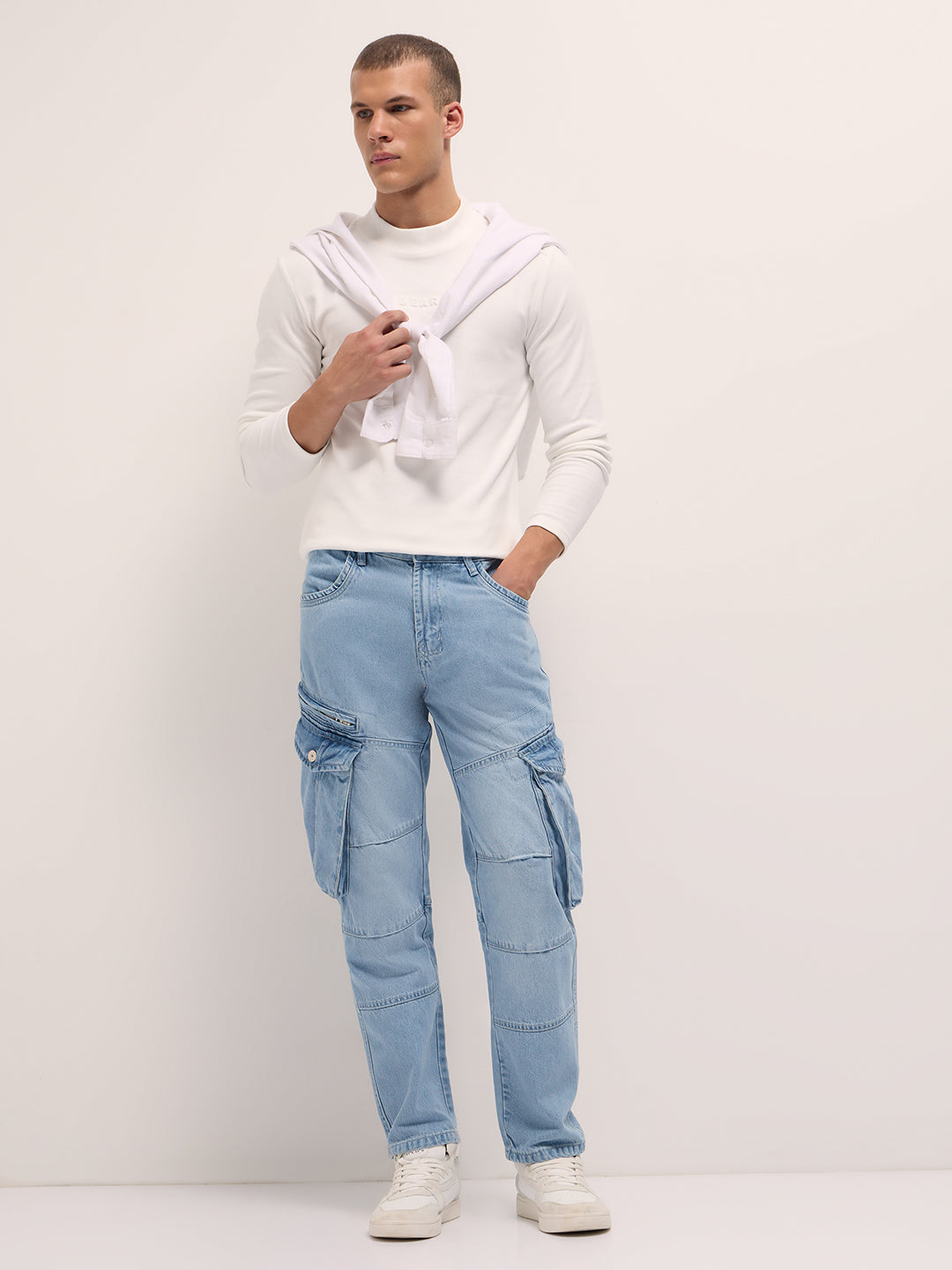 Light Blue Mid-Rise Straight Fit Cargo Jeans with Utility Pockets