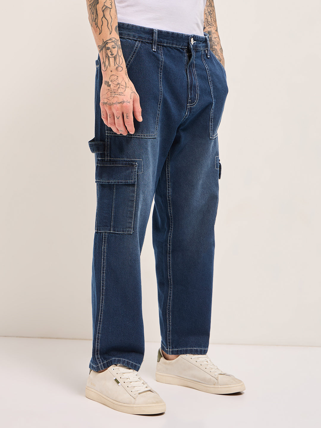 Dark Blue with Mid Fade Mid-Rise Baggy Fit Cargo Jeans