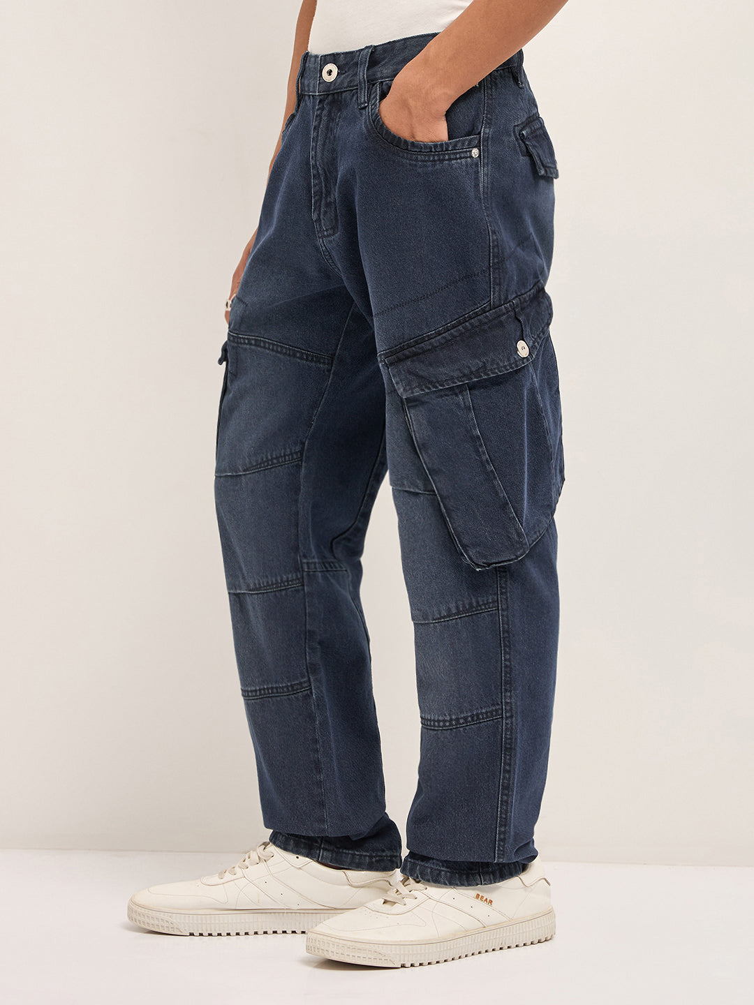 Mid Blue Faded Straight Fit Cargo Denim with Utility Pockets