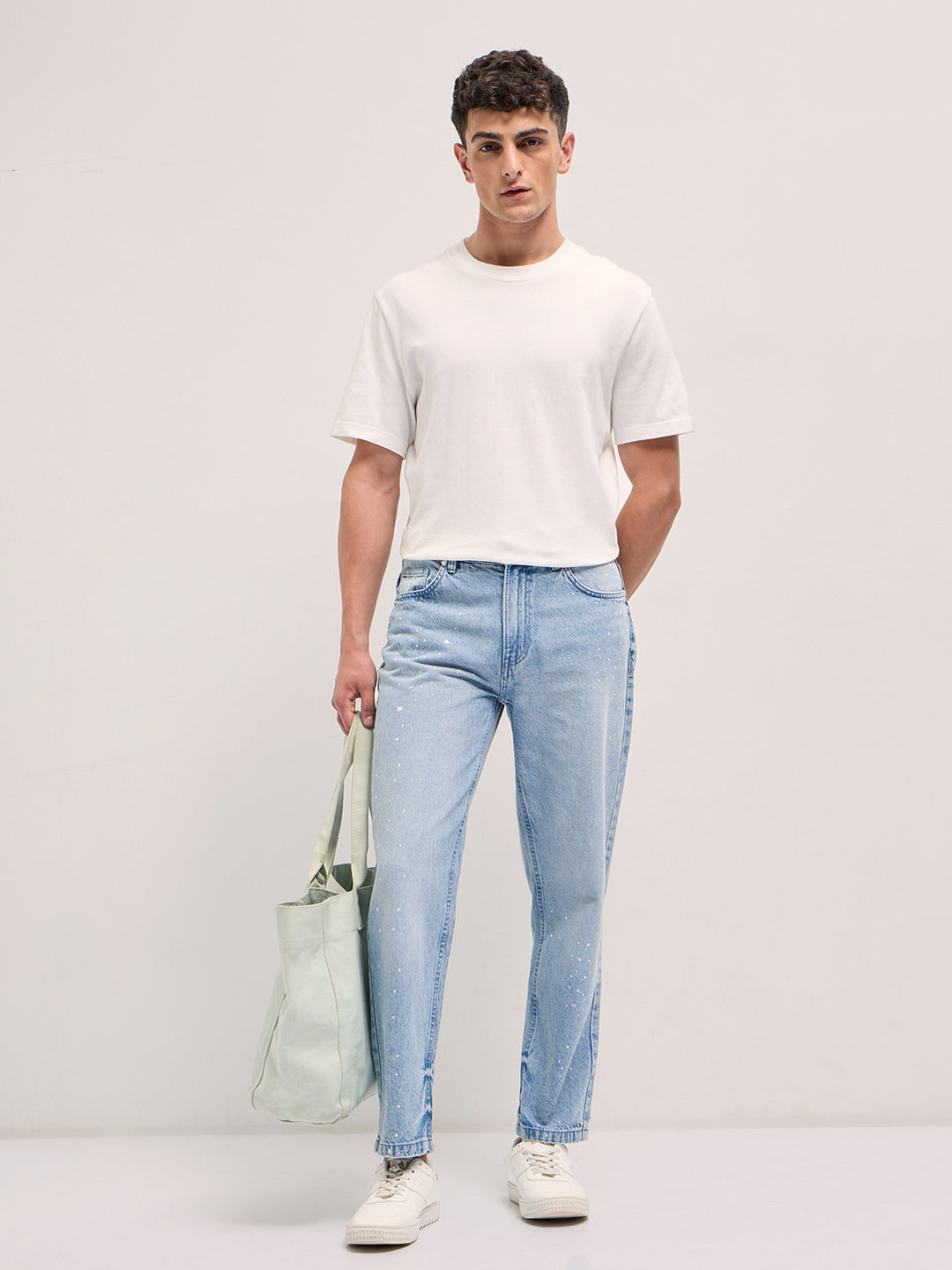 Light Blue Straight Fit Mid Rise Jean with Splatter Paint Effect
