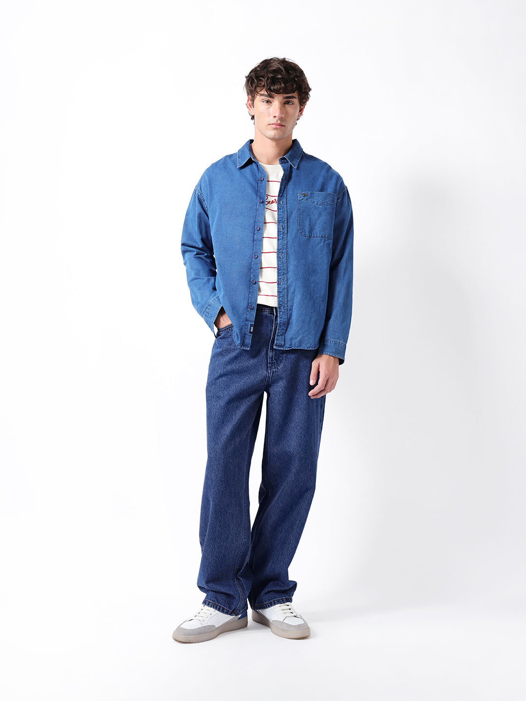 Mid Blue Mid-Rise Baggy Fit Jeans with Light Fade