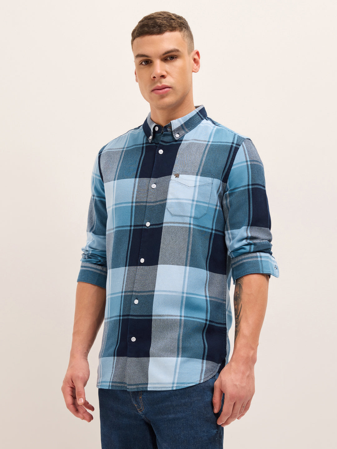 Blue Woven Checked Slim Fit Casual Shirt