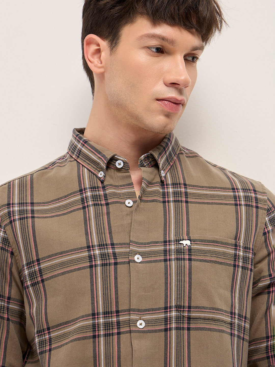 Brown Woven Checked Slim Fit Casual Shirt