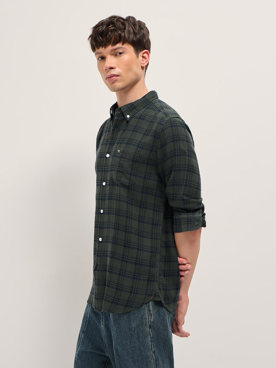 Olive Woven Check Slim Fit Casual Shirt