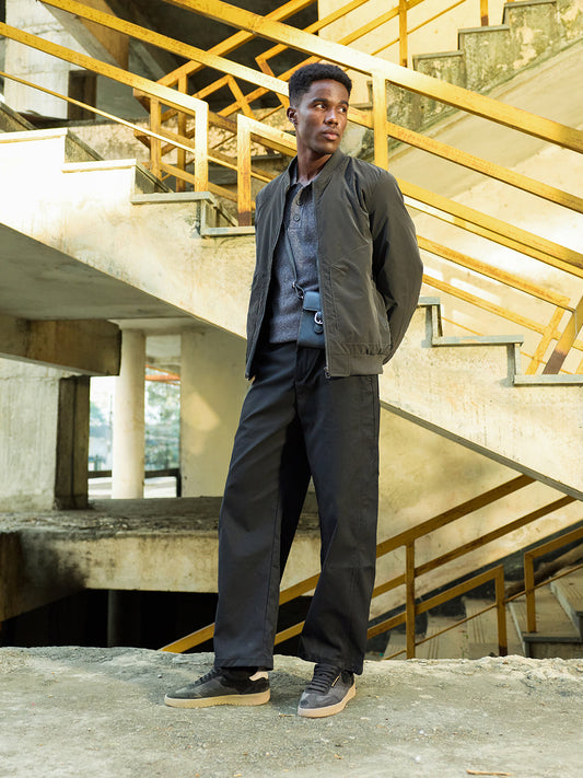 Dark Grey Regular Fit Mock Neck Bomber Jacket with Zipper Pocket