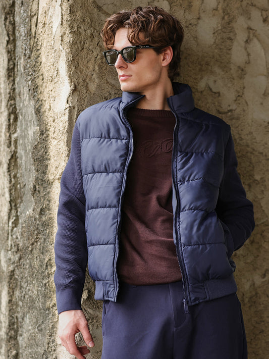 Navy Regular Fit Puffer Jacket with High Neck and Textured Knitted Sleeves