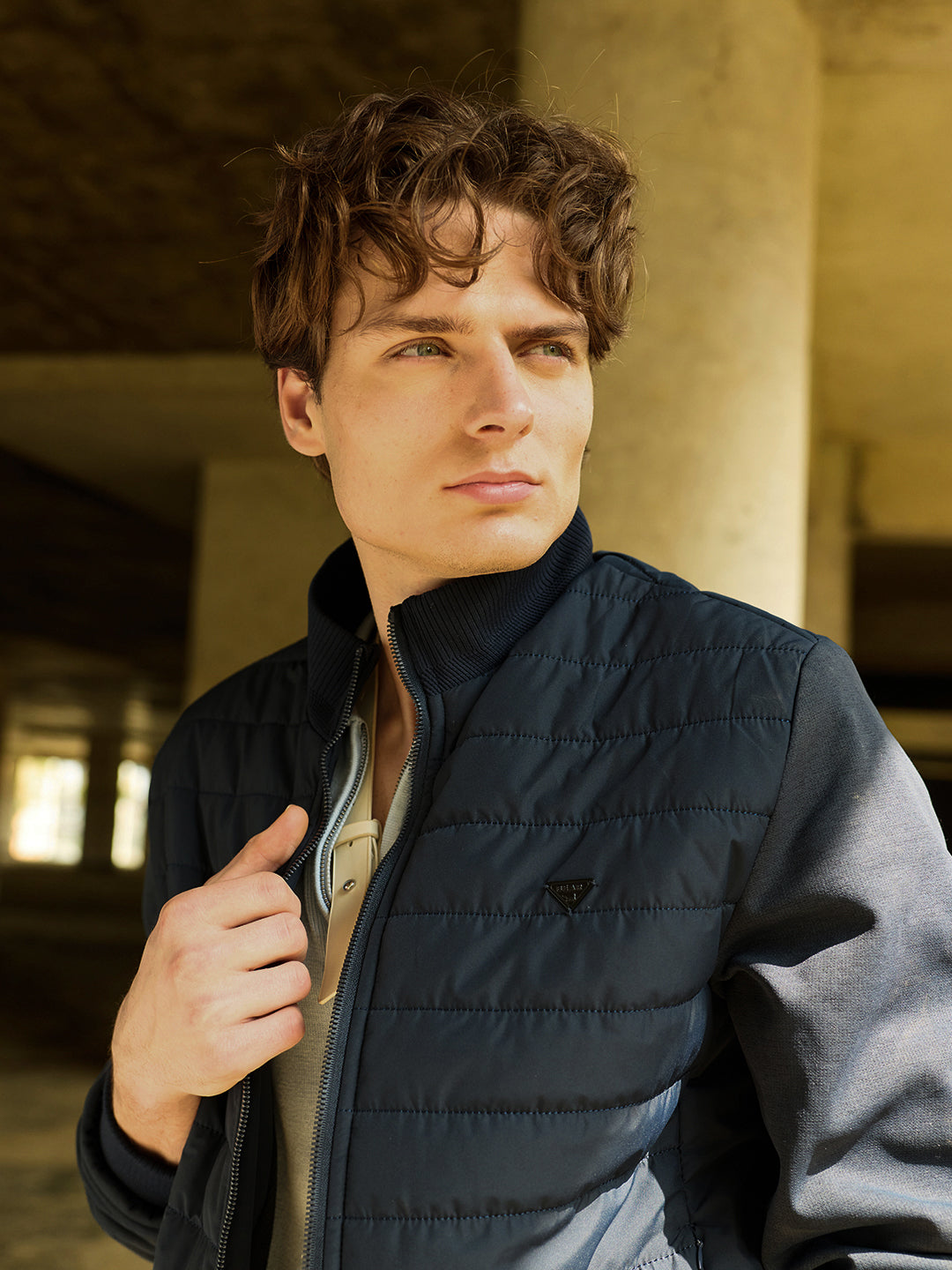 Black Regular Fit Puffer Jacket with Ribbed High Neck and Concealed Zipper Pockets