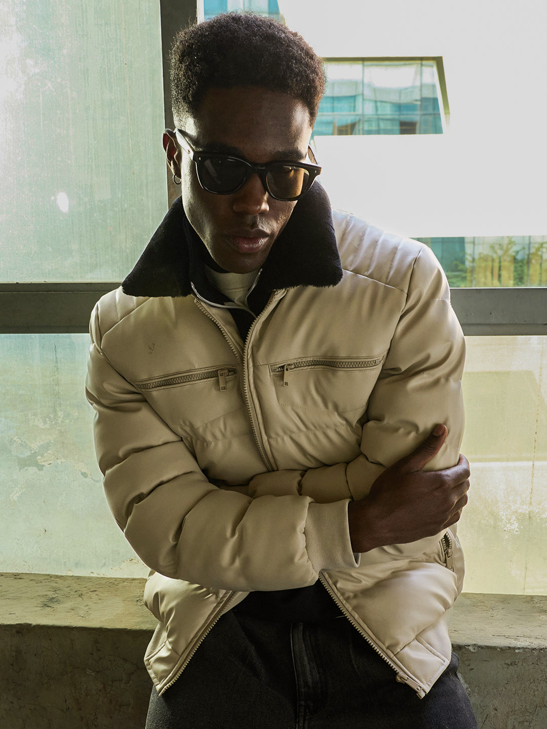 Beige Regular Fit Puffer Jacket with Mock Neck and Removable Sherpa