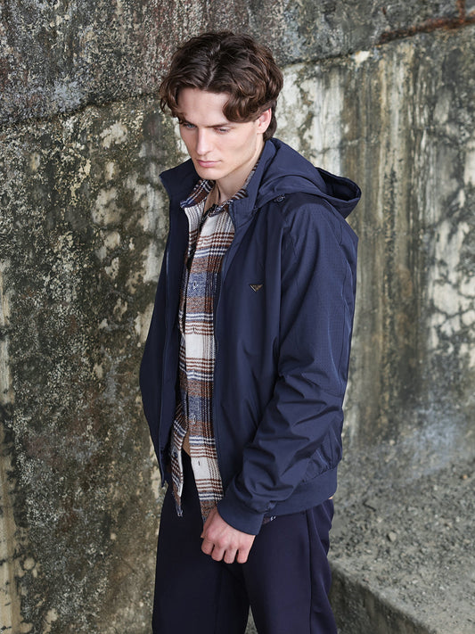 Navy Regular Fit Bomber Jacket with Detachable Hood & Raglan Sleeves