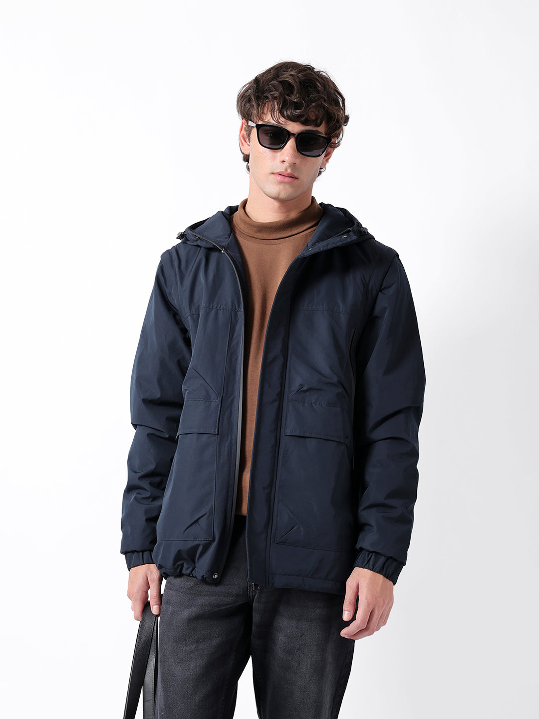 Navy Regular-Fit Utility Jacket with Detachable Sleeves, Water-Repellent Finish & Invisible Zipper Pocket