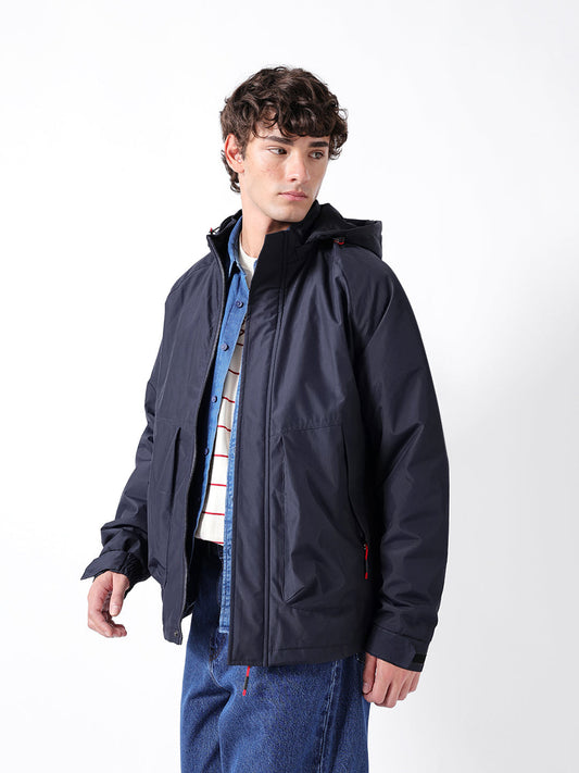 Navy Regular Fit Utility Jacket with Detachable Hood and Water-Repellent Finish