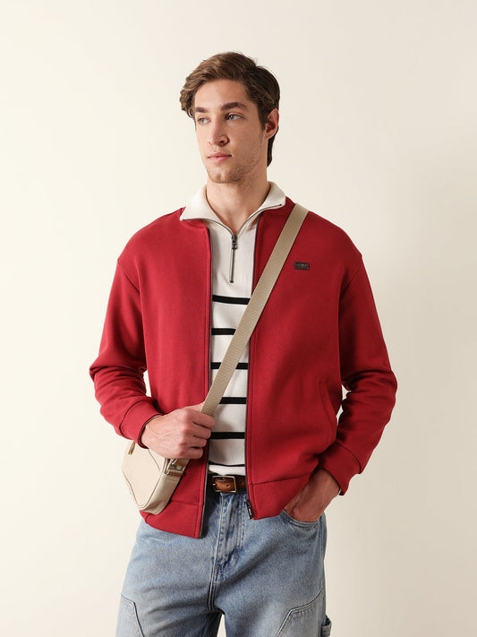 Red Relax Fit Mock Neck Jacket with Zipper Closure – Classic Solid Design