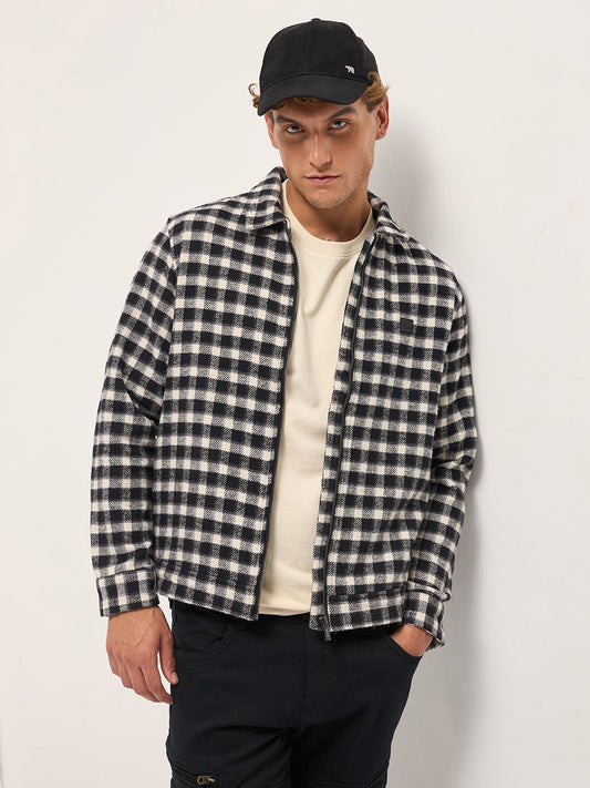 Black & White Regular Fit Flannel Check Jacket with a Classic Collar