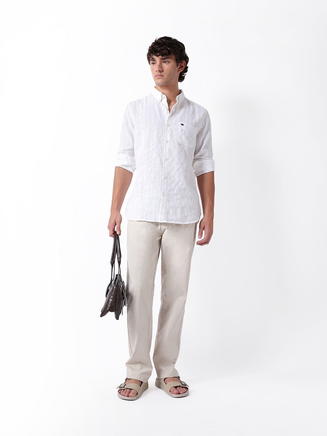 White Woven Vertical Striped Slim Fit Casual Shirt