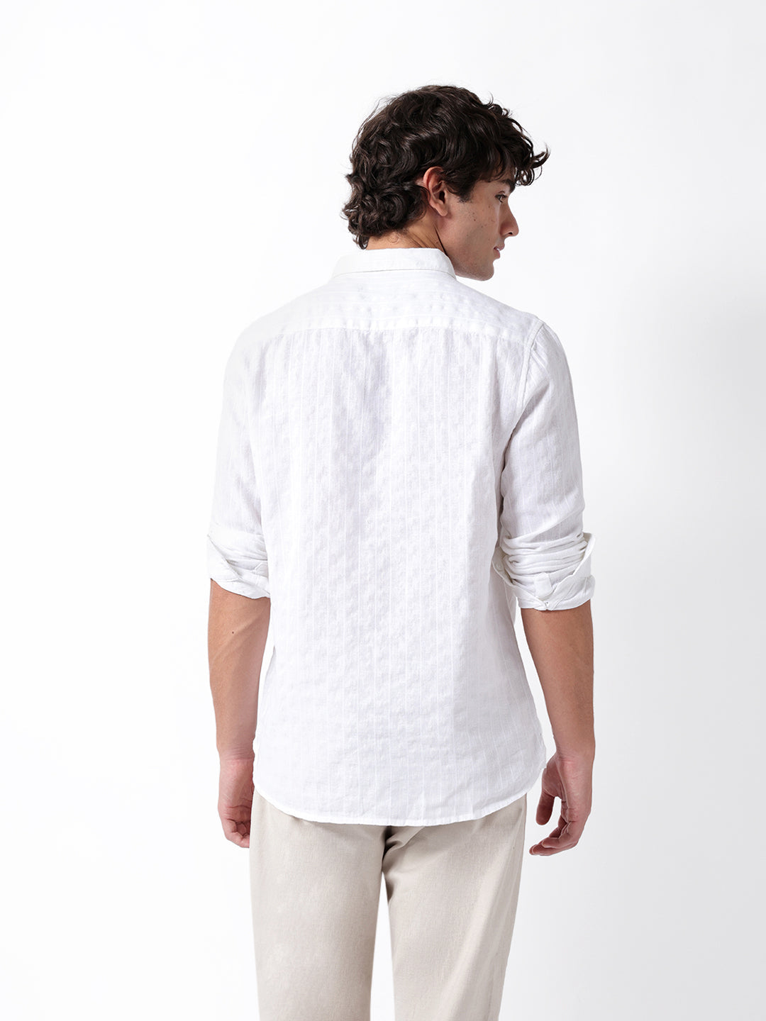 White Woven Vertical Striped Slim Fit Casual Shirt